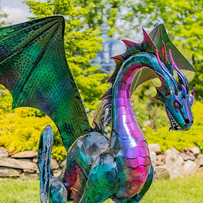 Zaer Ltd. Large Metal Dragon Statue, 89" L x 79" W x 73" H, Powder Coated (Oil-Slick Purple Blue)