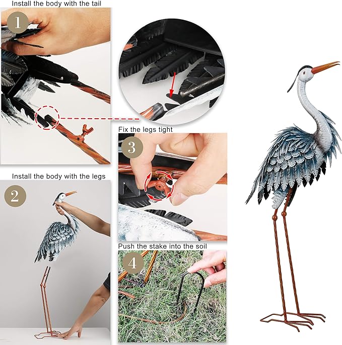 TERESA'S COLLECTIONS Garden Decor Blue Heron Sculptures & Statues,24.5" Coastal Metal Heron Decoy for Outdoor Outside Vivid Bird Metal Yard Art Cranes Patio Pond Pool Lawn Decorations,Gift for Mom