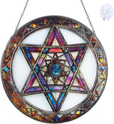 Star of David Suncatcher Stained Glass Window Hanging - 9.84inch Hand-Painted Sun Catcher Garden Hanging Decoration with Metal Chain Outdoor Garden Decor Gift for Women