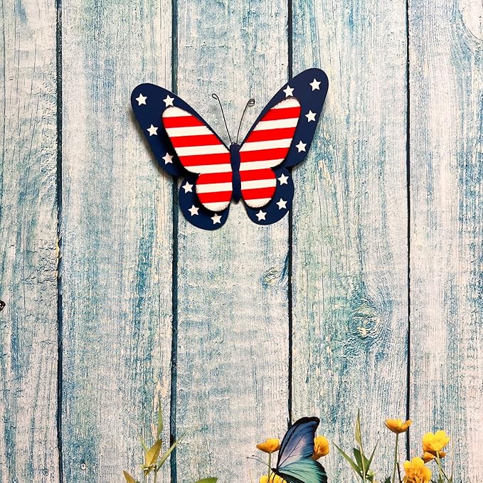 YUMBOR Set of 2 Rustic Metal Americana Butterfly Patriotic Wall Decor American Flag Hanging Ornaments 4th July Garden Yard Signs Independence Day Indoor Outdoor Wall Decorations