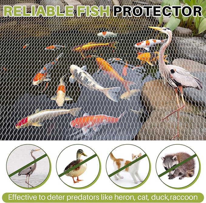 Koi Pond Netting Kit 7 x 10ft, Bird Deer Fence Netting, Durable Net Cover for Leaves, Heavy Duty Fine Mesh, Protect Fish from Birds, Cats & Predators, 12pcs Stakes & Ties Included(White)