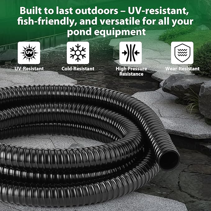 1 Inch Pond Tubing – 10ft Flexible PVC Corrugated Pond Hose with 2 Stainless Steel Hose Clamps, Kink-Proof Black Plastic Pump Tubing for Garden Ponds, Waterfalls, Filters & Drainage