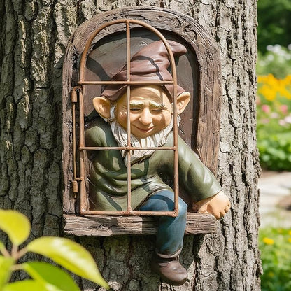 12" Real Gnome Tree Face Hugger Statue,Garden Decoration Climbing Decor Outdoor,Whimsical Fairy Door Tree Face Figurine Lawn Patio Decor,Funny Elves Peeker Sculpture Hanging Yard Art
