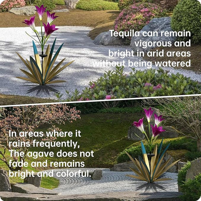 Homight Solar Metal Agave Lily Flower Garden Sculpture with LED Lights 30.3 Inch Waterproof Outdoor/Indoor Yard Decor Handmade Lawn Ornament Gift for Family Friends (2, Blue)