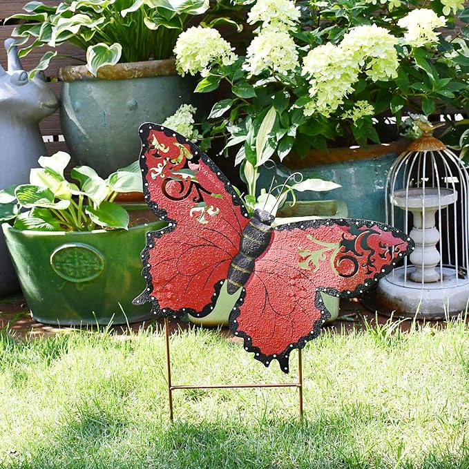 Attraction Design Butterfly Garden Stake Decorative Butterfly Yard Stake, Cute Insect Decor Metal Yard Art Decor Outdoor Garden Decoration for Patio Porch Lawn Pathway Backyard (Red)