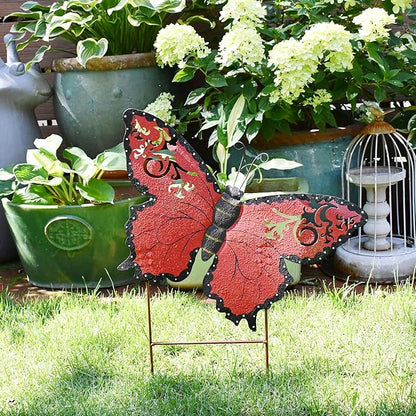 Attraction Design Butterfly Garden Stake Decorative Butterfly Yard Stake, Cute Insect Decor Metal Yard Art Decor Outdoor Garden Decoration for Patio Porch Lawn Pathway Backyard (Red)
