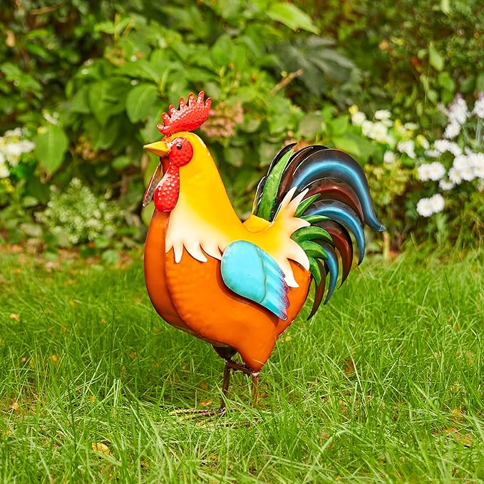 Glitzhome 21" Metal Vibrant Rooster Yard Decor, Outdoor Garden Statues, Vivid Chicken Sculptures for Backyard Kitchen Lawn Porch Farm Decor