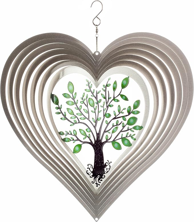 ISEO Silver Heart Wind Spinner for Yard and Garden, Hanging Outdoor Decor, Porch and Patio Decorations, Weather Resistant, 12”