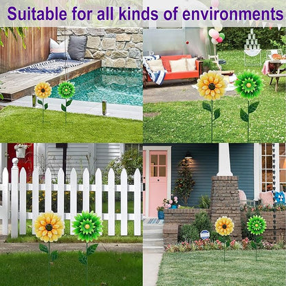 2 Pack Metal Flower Wind Spinners, Yellow Sunflower & Green Daisy Garden Stakes Yard Art, Decorative Floral Pinwheels Lawn Ornaments for Outdoor, Patio, Backyard and Flower Bed Spring Decor