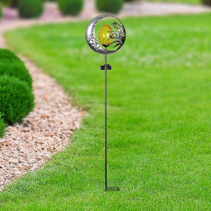 Exhart Garden Stake, Sun and Moon Solar Garden Sculpture, LED Amber Crackle Glass Orb, Silver Metal Outdoor Lawn Decor and Yard Art, 8.5 x 3 x 38 Inch