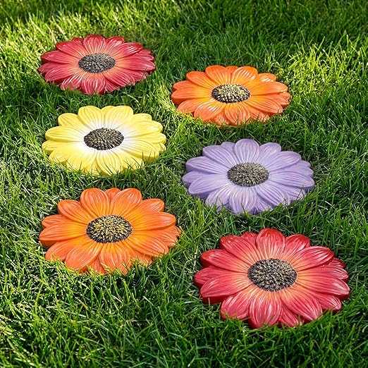 Cinnvoice 6 Pack Daisy Garden Stepping Stones Outdoor - 10 Inch Resin Decorative Stone for Garden Walkway Patio Landscaping Yard Decor