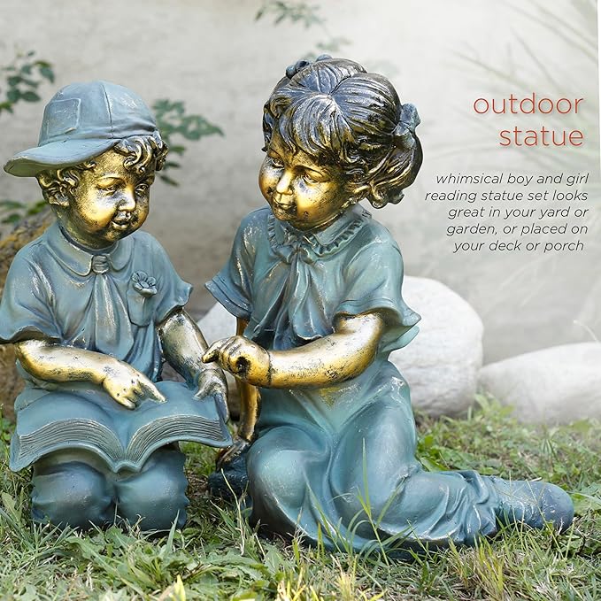 Alpine Corporation GXT258A Outdoor Finely Sculpted Boy and Girl Reading Book Garden Statue, 19"H, Bronze