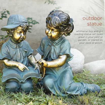 Alpine Corporation GXT258A Outdoor Finely Sculpted Boy and Girl Reading Book Garden Statue, 19"H, Bronze