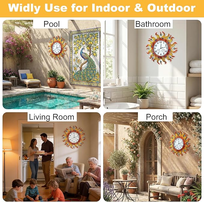 20 Inch Large Outdoor Clock with Thermometer and Hygrometer Combo, Silent Non-Ticking Sun Outdoor Wall Clock, Outdoor Clocks Waterproof for Patio, Garden, Kitchen, Living Room