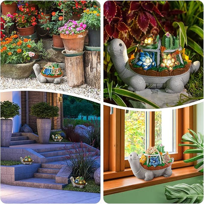 LESES Garden Statues, Turtle Solar Garden Outdoor Statues Lawn Ornaments with Cactus & LED Lights, Tortoise Figurines Outdoor Clearance Funny Decorations for Patio Balcony