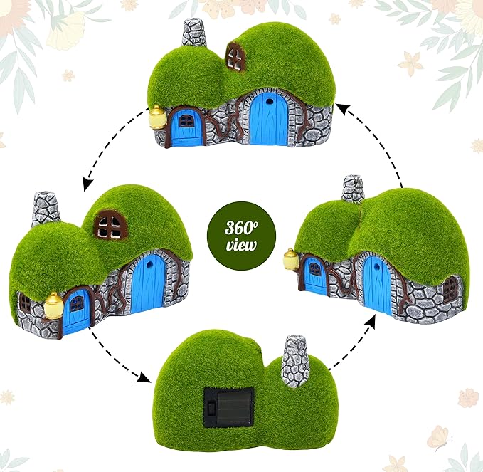 Gift Boutique Outdoor Garden House Statue with LED Lights Fairy Garden Decor Resin Cottage Figurine Yard Lawn Porch Pathway Ornament Outdoor Figurines