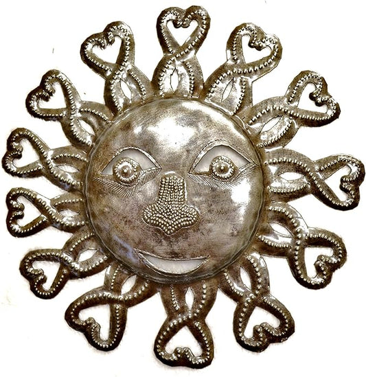 It's Cactus Metal Sun Faces, Handmade Haiti, Recycled Oil Drum Art, Sunny Home Decor (Sun with Hearts)