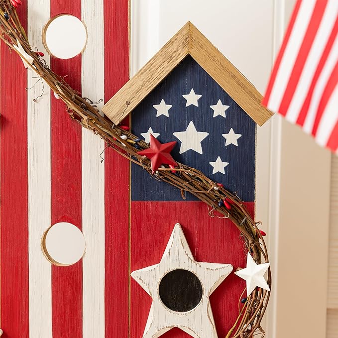 Glitzhome Patriotic Porch Sign, 4th of July Independence Day Welcome Sign, Wooden Birdhouse Design, 30" Farmhouse Rustic Porch Board for Memorial Day Front Door, Patio, and Yard Party Decor