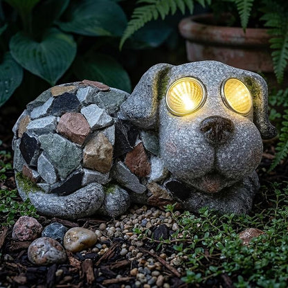 Outdoor Garden Decor Solar Dog Statue & Sculpture, Cute Dog Garden Statue, Solar Yard Decorations for Lawn Patio Front, Stone Resin Figurine ldeal Gift for Mom