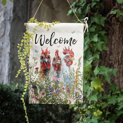 Floral Chicken Garden Flag 28x40 Double Sided Flower Rooster Farmhouse Yard Flag for Outside Welcome Decor
