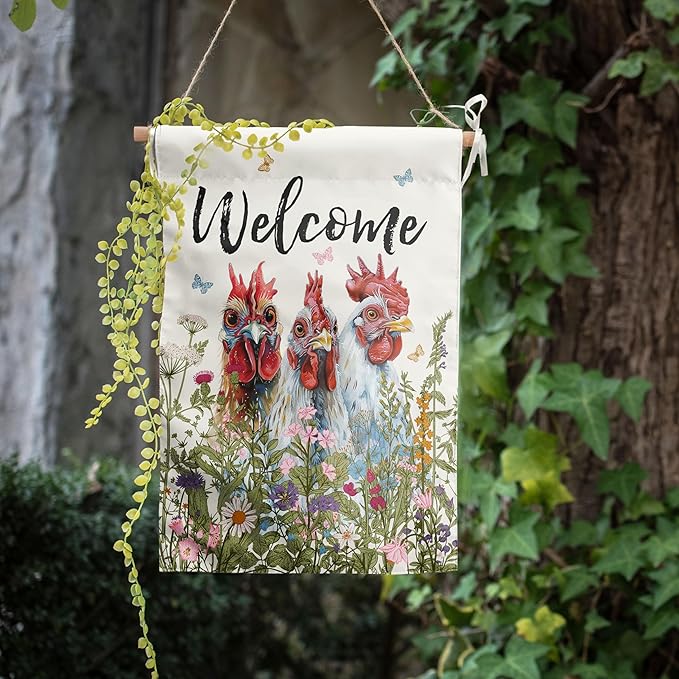 Floral Chicken Garden Flag Spring Summer Yard Flag Flower Rooster Farmhouse Garden Flags for Outside Small Outdoor Welcome Flags 12x18 Double Sided Chicken Coop Decor