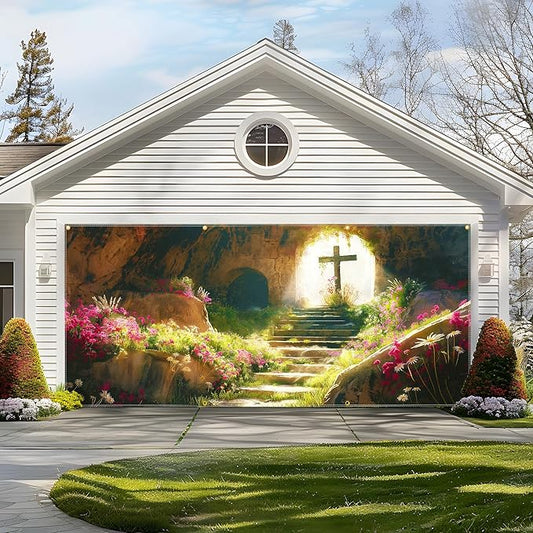 Easter Garage Door Banner 157.5x70.9in Large Spring Garage Door Cover Outdoor Holiday Decorations for House Exterior Yard Decor with Grommets and Rope