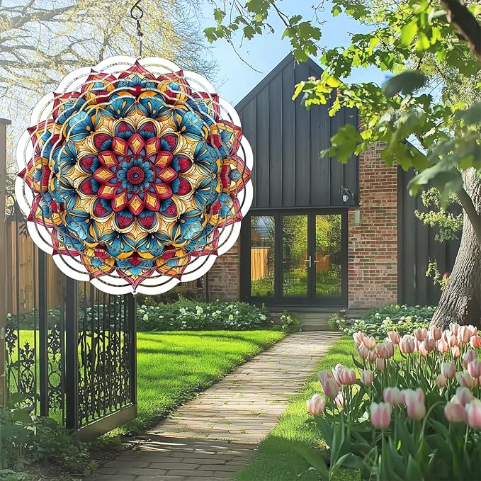 Wind Spinners Outdoor, Hanging Wind Spinner for Garden Decoration, 8 inch 3D Stainless Steel Metal Wind Sculpture for Indoor/Outdoor Decor, Mandala H