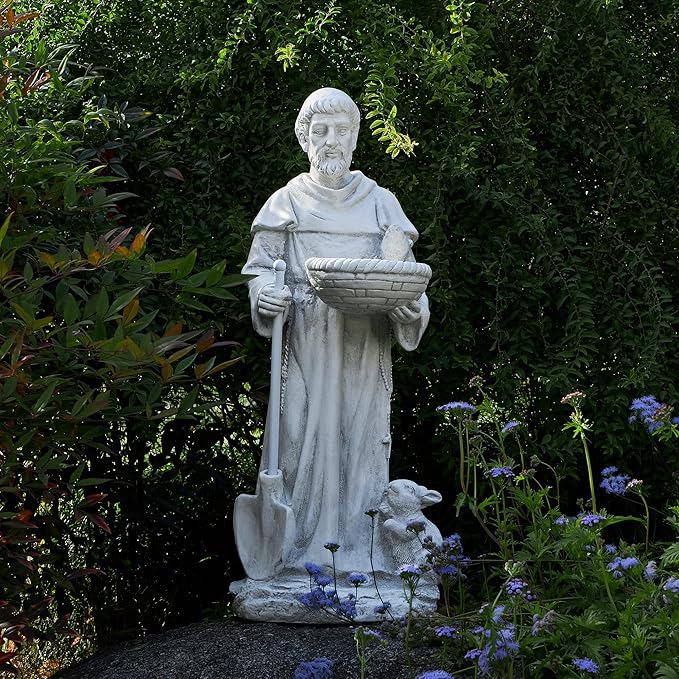 BESBLEE St Francis 28.7Inch Tall Large Garden Outdoor Religious Statue and Sculptures for Home Decor Birdfeeder All Season Yard Patio Lawn Hallway Sculpture Magnesium Oxide Stone