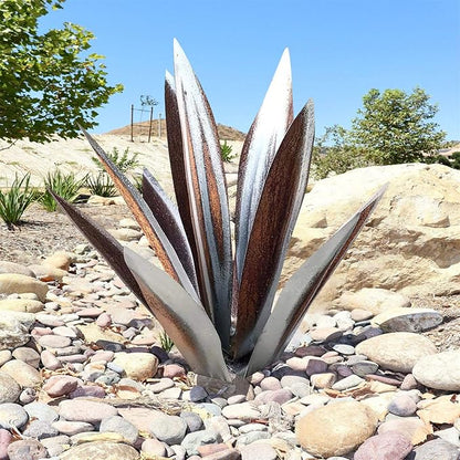 Juesi Metal Agave Plants for Outdoors, Garden Sculpture Metal Arts for Yard Lawn Patio (10.6" X 2.5", Silver)