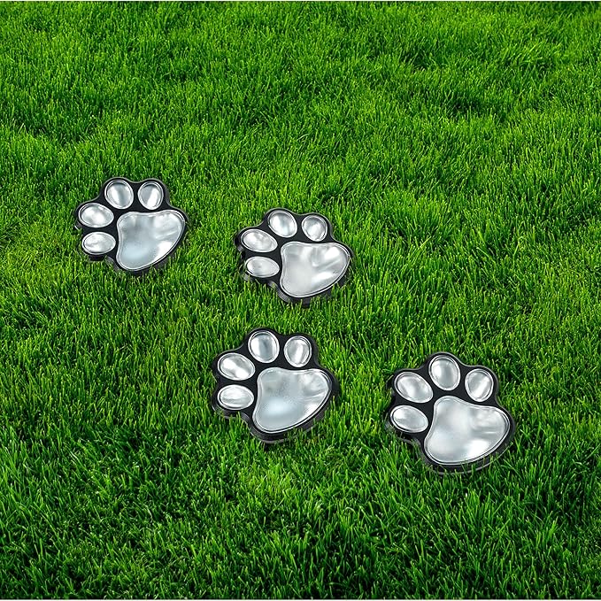 Wireless Set of 4 Solar Dog Paw Print Lights Garden Statue Lantern LED Path 3.75" Light Outdoor Animal Pet Lamp