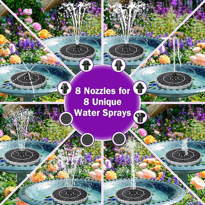 SZMP 3.5W Solar Fountain for Bird Bath with 2000mAh Battery & 3D Color Changing LED Light, Anti-Drift Fixer & 8 Nozzles, Solar Powered Water Fountain Kit for Garden, Patio, Pond