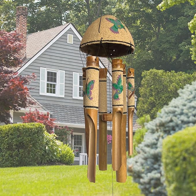 Bellaa 20346 Bamboo Wind Chimes Sea Sand Art Painting Hummingbird Butterfly Dragonfly Handmade Windchimes Outdoor Garden Patio Gifts 32 Inch (Green Sand)