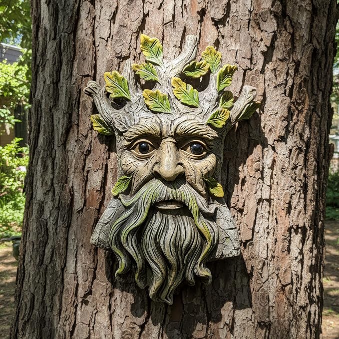 Old Man Tree Face Hugger Outdoor Decor, Handmade Tree Art Resin Statue with Leaf & Root Details, Whimsical Hanging Yard Art for Garden Wall Fence