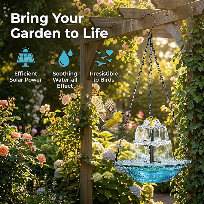 Solar Cascade Hanging Bird Bath Fountain, 2026 New Solar Fountain for Bird Bath Hanging Solar Bird Bath Fountain with Solars Pump & Bowl Decorative Garden Yard Patio (White)