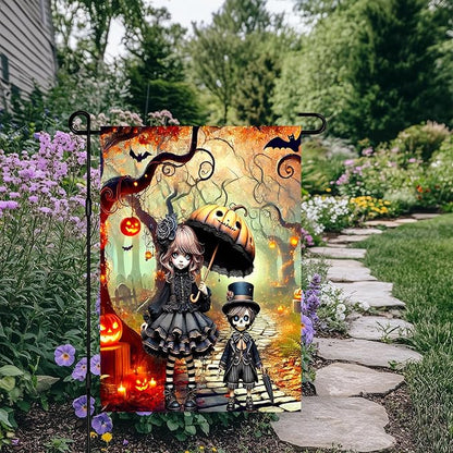 BlissYard Halloween Horror Garden Flag 12x18 Inch Gothic Doll Pumpkin Umbrella Skull Boy Flag Outdoor Yard Decoration House Banner Porch Lawn Patio Home Decor