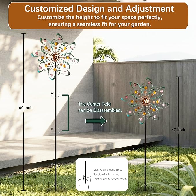 360° Outdoor Wind Spinner, Wind Sculpture Spinner with Metal Stake, Yard Art Decor for Patio, Lawn & Garden (Ribbon Style)