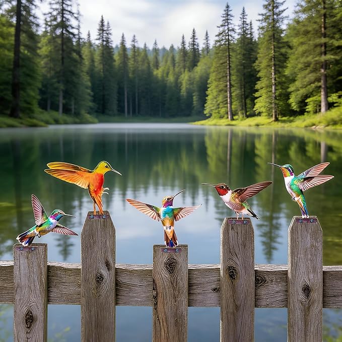 Color Vivid Metal Birds Fence Decor - Double Sided Colorful Yard Art, Weatherproof Garden Sculptures for Outdoor Patio, Farmhouse Fence Decor, Backyard Ornaments for Lawn (Hummingbird)