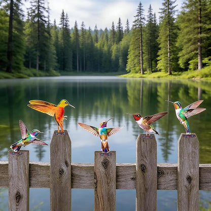 Color Vivid Metal Birds Fence Decor - Double Sided Colorful Yard Art, Weatherproof Garden Sculptures for Outdoor Patio, Farmhouse Fence Decor, Backyard Ornaments for Lawn (Hummingbird)