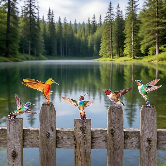 Color Vivid Metal Birds Fence Decor - Double Sided Colorful Yard Art, Weatherproof Garden Sculptures for Outdoor Patio, Farmhouse Fence Decor, Backyard Ornaments for Lawn (Hummingbird)