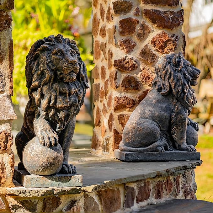 Zaer Ltd. Magnesium Pair of Lion Statues (Outdoor Safe) (27" Tall w/Ball (Set of 2), Aged Bronze (Painted))