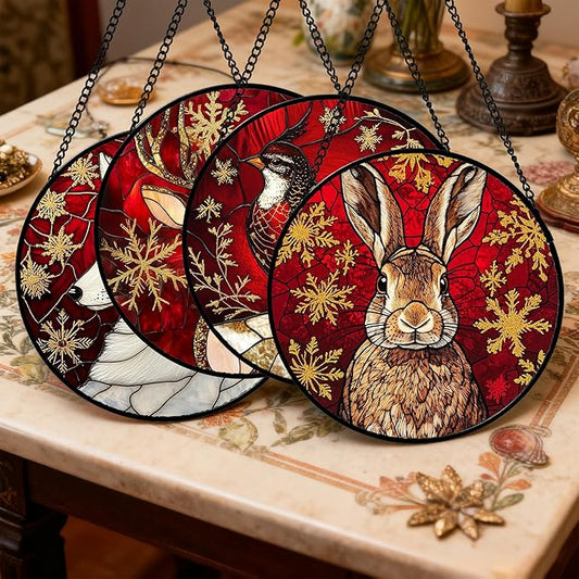 DASTOLL Stained Glass Window Hanging 4 Pcs Set Red Golden Snowflakes 9.8" - Christmas Elk Rabbit Suncatcher Door Garden Sun Catcher Decor Birthday for Mom Woman Nana Men