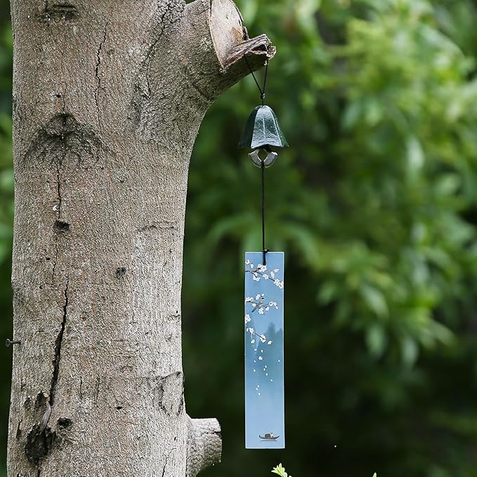 Japanese Wind Chime Cast-Iron Outdoor Ornament for Garden, Patio & Porch, Hanging Metal Wind-Bell Decoration Gift, Blessing Pendant Windchimes & PVC Wind-Catcher, Gentian Flower - Green