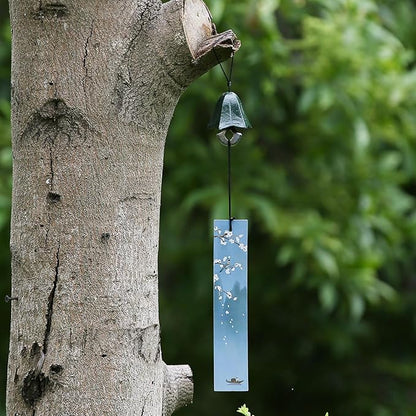 Japanese Wind Chime Cast-Iron Outdoor Ornament for Garden, Patio & Porch, Hanging Metal Wind-Bell Decoration Gift, Blessing Pendant Windchimes & PVC Wind-Catcher, Gentian Flower - Green