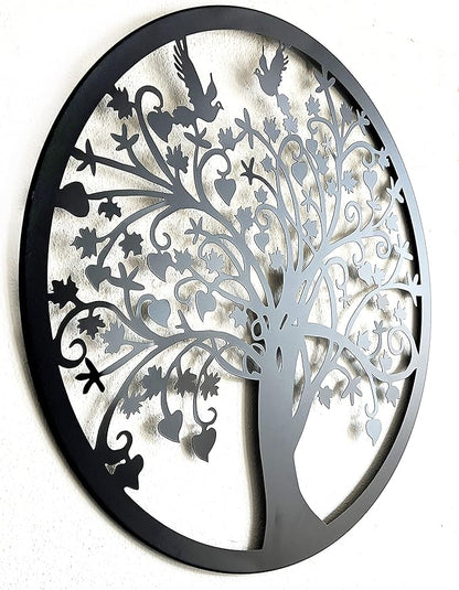 Bellaa 20193 Metal Wall Decor Tree Circle of Life Birds Nature Round Sign Indoor Living Room Rustic Art Outdoor Garden Patio Decor