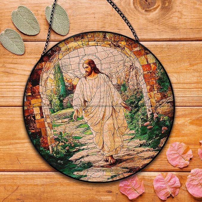 He is Risen Resurrection of Jesus Suncatcher Stained Glass Window Hanging, Christian Jesus Sun Catchers Indoor Window Glass Round Wall Decor, Religious Wall Art Hanging Decorations, ＂7.8x7.8＂