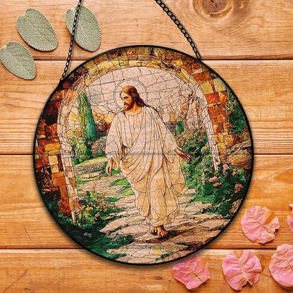 He is Risen Resurrection of Jesus Suncatcher Stained Glass Window Hanging, Christian Jesus Sun Catchers Indoor Window Glass Round Wall Decor, Religious Wall Art Hanging Decorations, ＂7.8x7.8＂