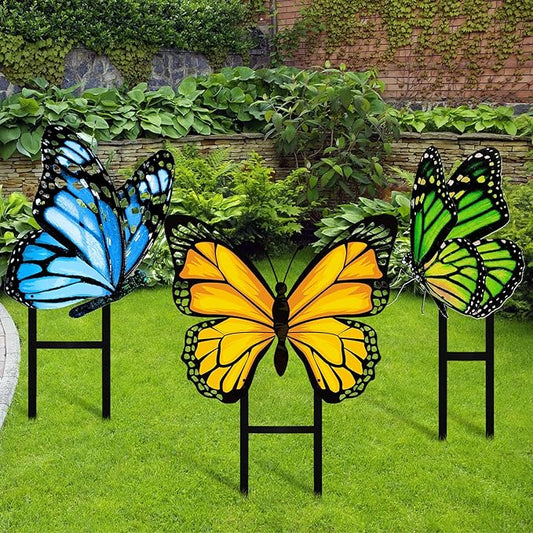 3 Pcs Spring Metal Butterfly Garden Stakes Decor 16.5 Inch Decorative Green Yellow Blue Butterfly Yard Stake Outdoor Insect Decor Metal Garden Art Ornaments for Patio Porch Lawn Backyard