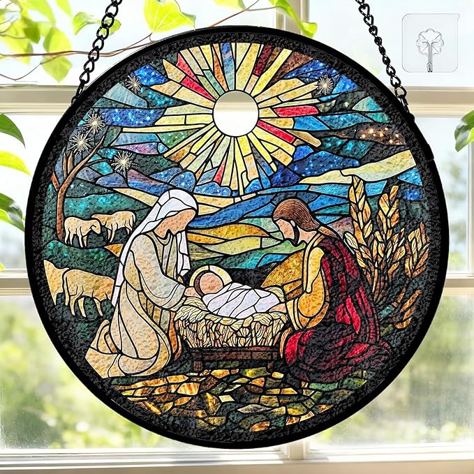 7.8 Inch Stained Glass Window Hanging Nativity Scene Sun Catcher Indoor Window Door Wall Yard Home Decor Colorful Glass Panel Suncatcher Religious Christian Gift for Women Men Mom Grandma