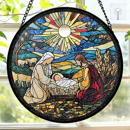 7.8 Inch Stained Glass Window Hanging Nativity Scene Sun Catcher Indoor Window Door Wall Yard Home Decor Colorful Glass Panel Suncatcher Religious Christian Gift for Women Men Mom Grandma