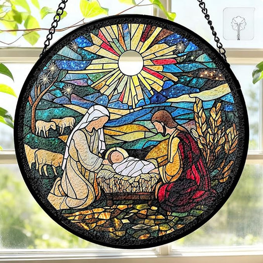 7.8 Inch Stained Glass Window Hanging Nativity Scene Sun Catcher Indoor Window Door Wall Yard Home Decor Colorful Glass Panel Suncatcher Religious Christian Gift for Women Men Mom Grandma